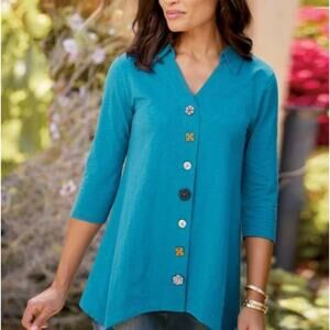 Soft Surrounding Danielle Button Blouse Teal Blue Size Small Boho Eclectic Artsy